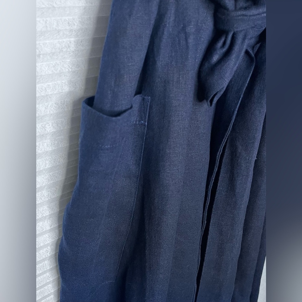 Grae Cove Frankie Linen Navy Blue Pocket V-neck Wrap Belted Midi Dress Large - Picture 3 of 10